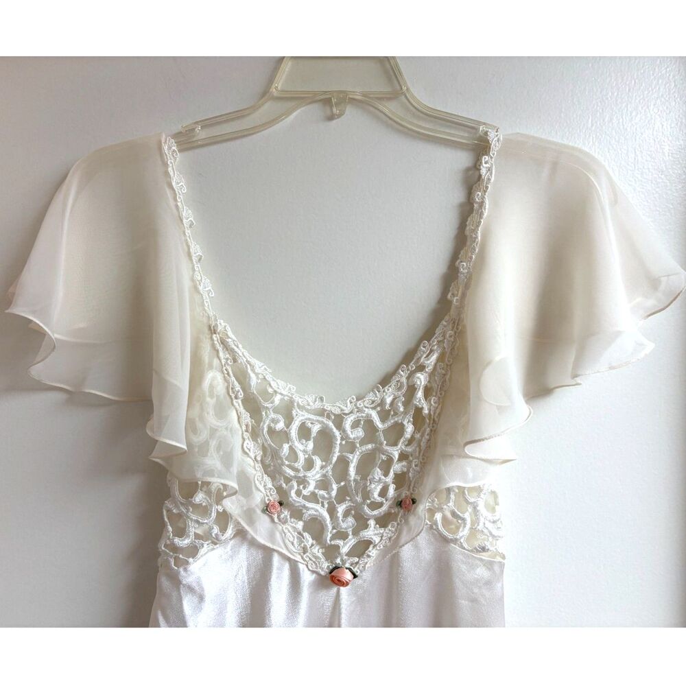 Vtg 80s Bridal Nightgown S Ivory Satin Lace Slip Dress Roses Paulines Trousseau - Picture 2 of 8